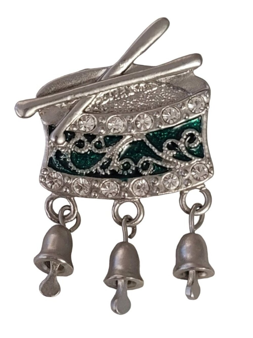 Silver Tone Green Enamel Clear Rhinestone Drum W/ Bell Dangle Charms Brooch, E87